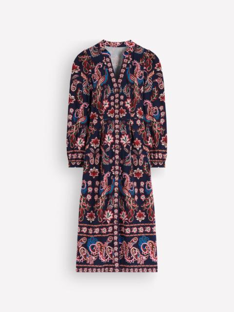 BODEN Juliet Jersey Midi Dress-Navy, Peacock Paradise