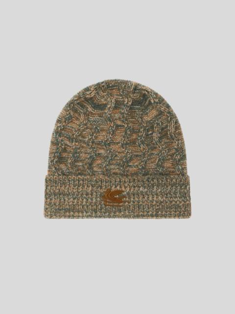 Etro CASHMERE BEANIE WITH CABLE DETAIL AND PEGASO EMBROIDERY