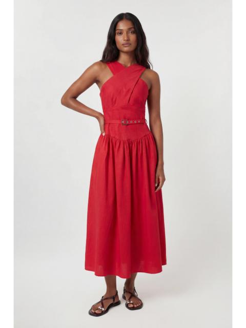 KAREN MILLEN Premium Tailored Linen Halter Neck Belted Full Midi Dress