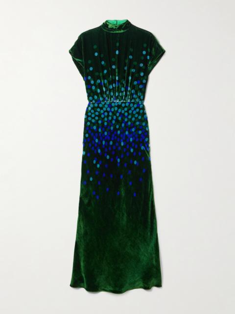 SALONI Fabienne Gathered Printed Velvet Midi Dress