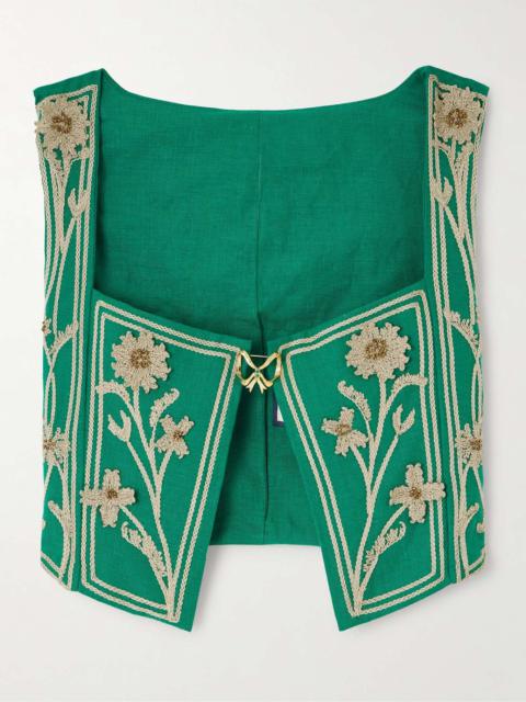 Coralina Esmeralda appliquéd embroidered linen bustier top