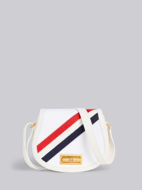 Thom Browne White Cotton Canvas Calfskin Leather Embroidered Diagonal Stripe Small Shoulder Saddle Bag
