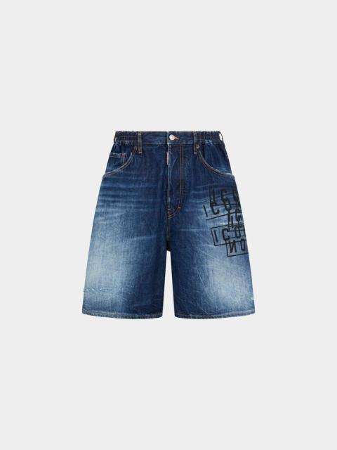 DSQUARED2 ICON DARK WASH STAMPS SURFER DENIM SHORTS