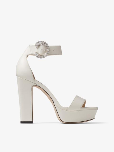 JIMMY CHOO Mionne 120 Latte Leather Platform Sandals with Crystal Buckle