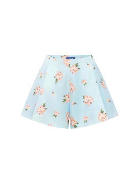 LEO LIN Abby Floral-Print High-Waisted Cotton-Silk Shorts light blue