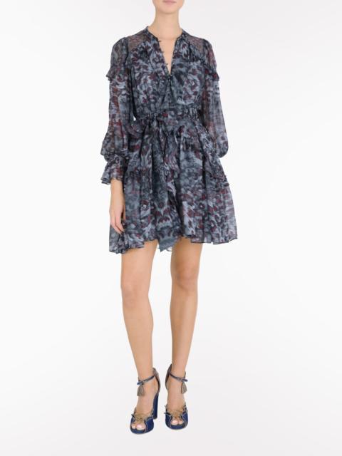 Marchesa BRAIDED LEOPARD FLOUNCED SILK CHIFFON MINI DRESS