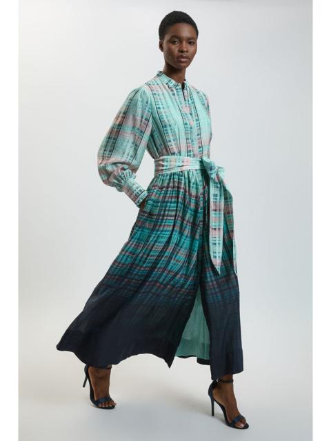 KAREN MILLEN Blue Check Fluid Organza Belted Shirt Dress