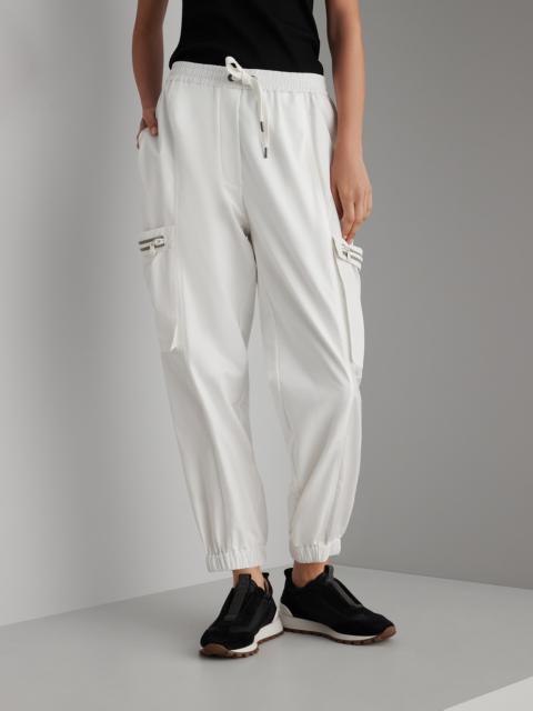 Stretch cotton lightweight French terry cargo trousers with shiny pocket trim