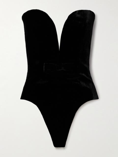Alessandra Rich Strapless Bow-embellished Velvet Thong Bodysuit