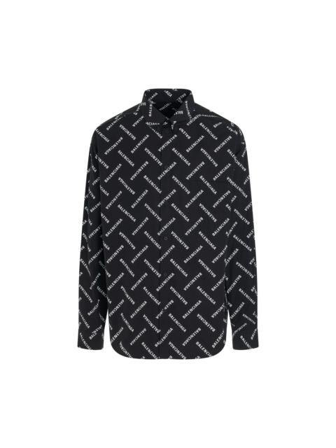 BALENCIAGA All-Over Logo Long-Sleeve Shirt in Black/White