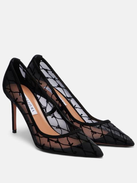 AQUAZZURA 85 suede-trimmed mesh pumps