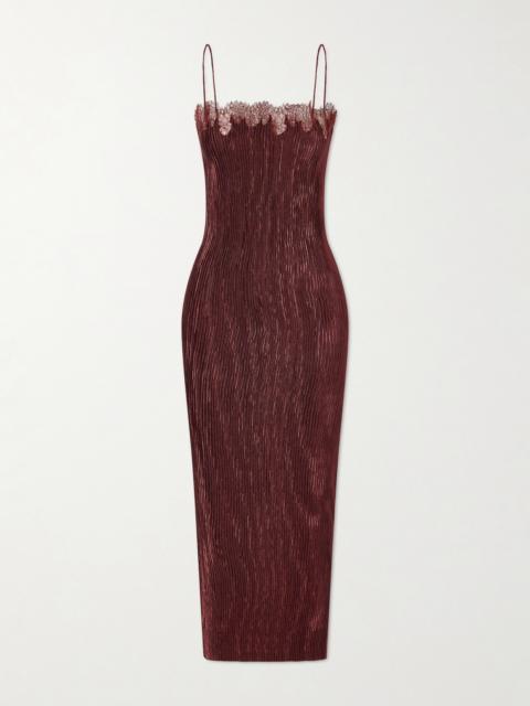 FFORME Lumie Lace-trimmed Pleated Satin Midi Dress