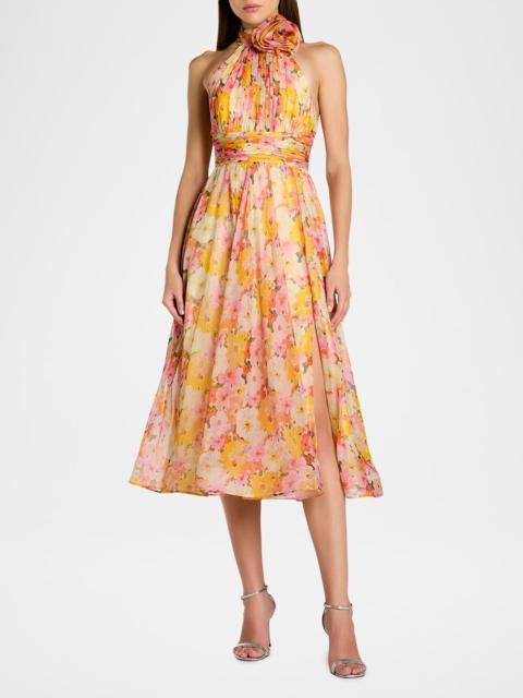 MAC DUGGAL Floral-Print Chiffon Halter Midi Dress