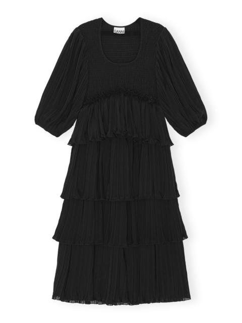 BLACK PLEATED GEORGETTE FLOUNCE SMOCK MIDI DRESS