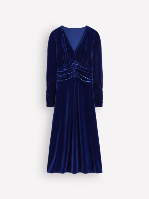 BODEN Mya Ruched Velvet Midi Dress-Sapphire Blue