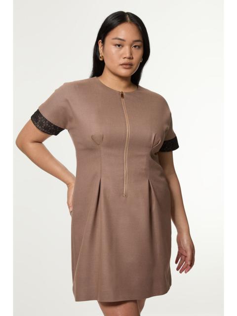 KAREN MILLEN Plus Size Tailored Twill Lace Mix Zip Front Mini Dress