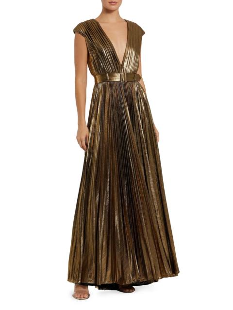 MAC DUGGAL Women's Metallic Pleated Belted A-Line Gown - Bronze