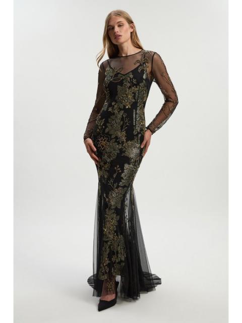 KAREN MILLEN Petite Floral Applique Embellished Metallic Georgette Woven Maxi Dress