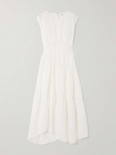 FRAME Asymmetric paneled lace-trimmed linen-blend midi dress