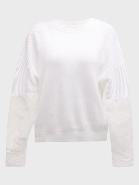 Brunello Cucinelli Cotton Ribbed Crewneck with Organza Sleeve Detail