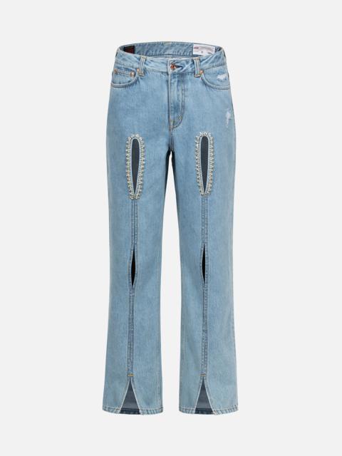 EVISU CRYSTAL EMBELLISHED AND SEAGULL HOLLOW-OUT FASHION FIT DENIM JEANS