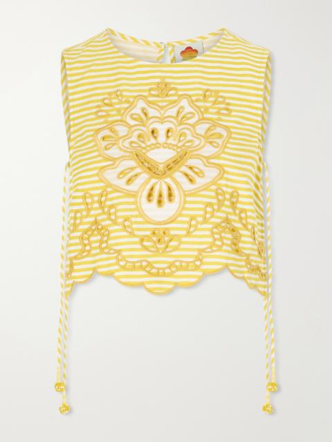 FARM RIO Cropped Striped Broderie Anglaise-trimmed Linen-blend Tank