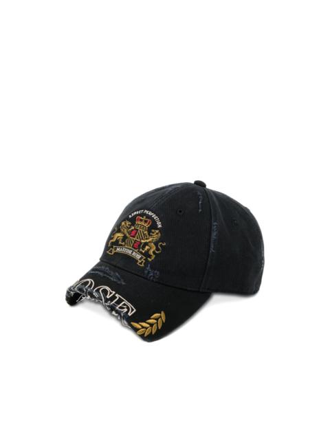 distressed crest-embroidered cap