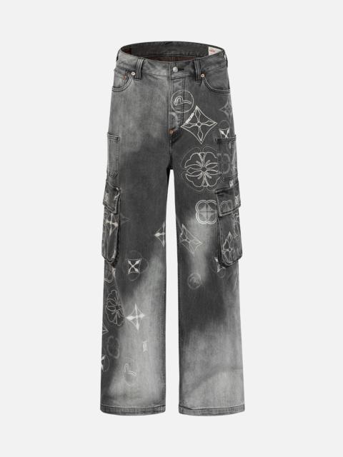 TIE-DYE KAMON AND SEAGULL PRINT FASHION FIT CARGO JEANS