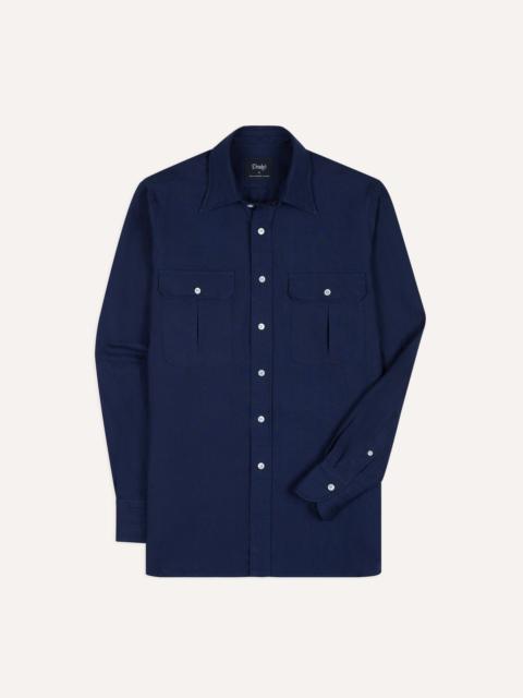 Drake's Indigo Linen Two-Pocket Long Point Collar Work Shirt