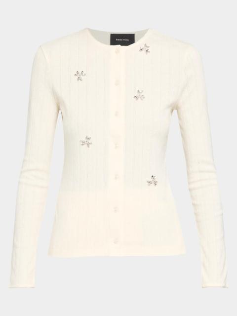 Simone Rocha Crystal Embellished Cotton Pointelle Crewneck Cardigan