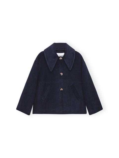 GANNI BLUE WOOL WIDE COLLAR JACKET