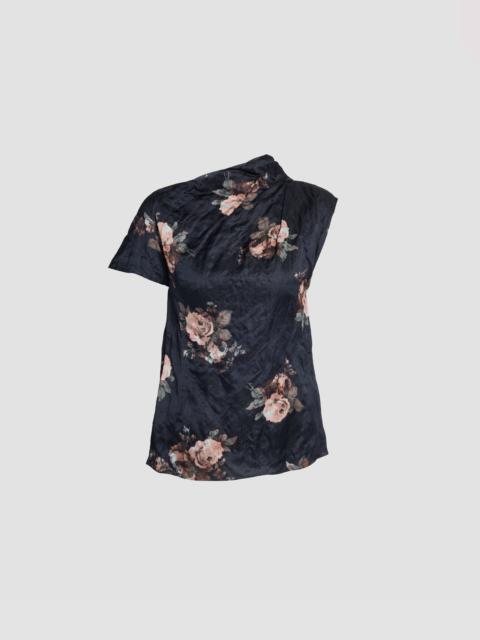 Erdem FLORAL CRUSHED SATIN SHORT SLEEVE DRAPED TOP