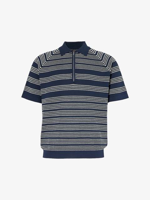 Zip stripe-pattern cotton knitted polo shirt