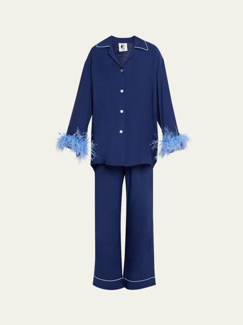 SLEEPER Miss Cat Piped Feather-Trim Pajama Set