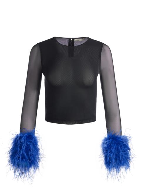 Alice + Olivia DELAINA MESH FEATHER CUFFED LONG SLEEVE TOP