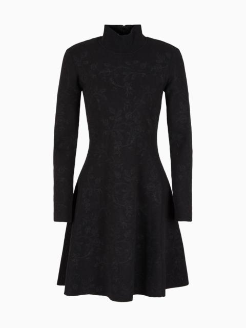 EMPORIO ARMANI Knitted mock-neck dress with all-over matching floral embroidery