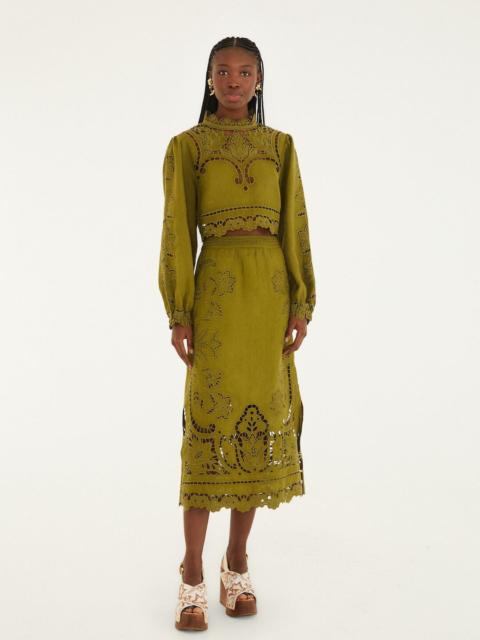 FARM RIO Green Majestic Garden Euroflax Premium Linen Richelieu Midi Skirt