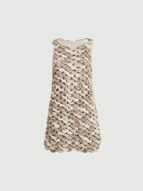Brunello Cucinelli Handmade Dazzling Shell OPERA knit mini dress in jute and cotton