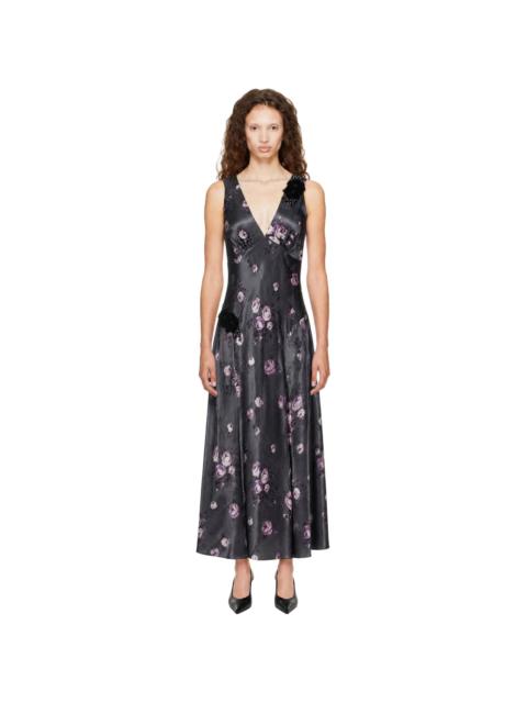 ANNA SUI Gray Floral Appliqué Maxi Dress