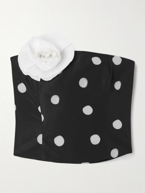 BERNADETTE Lena Cropped Appliquéd Polka-dot Taffeta Bustier Top