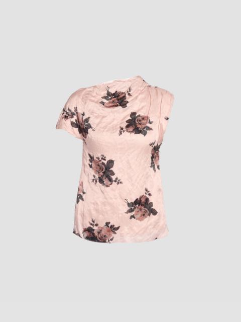 Erdem FLORAL CRUSHED SATIN SHORT SLEEVE DRAPED TOP