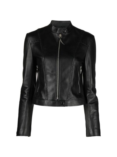 band collar leather jacket