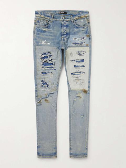 Skinny-Fit Logo-Embroidered Distressed Patchwork Jeans