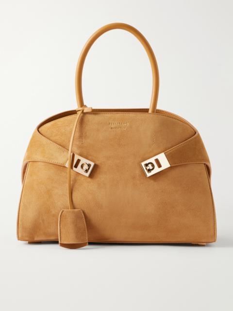 FERRAGAMO Hug Small Embellished Leather-trimmed Suede Tote