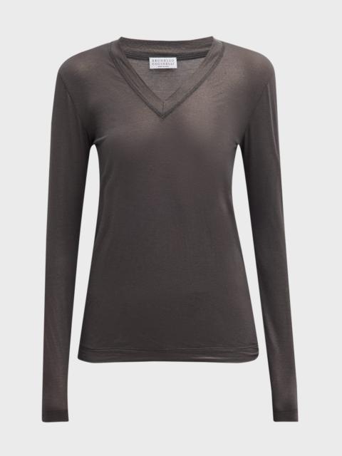 Monili V-Neck Long-Sleeve Lame Jersey Top