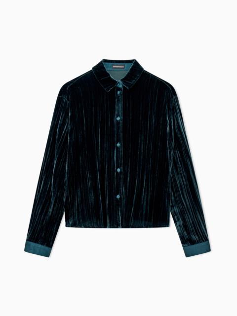 EMPORIO ARMANI PLISSÉ VELVET SHIRT WITH A CLASSIC COLLAR AND LONG SLEEVES