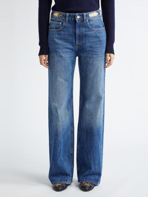 rabanne Rabanne 1969 Signature Discs Wide Leg Jeans in Dark Denim Stone at Nordstrom