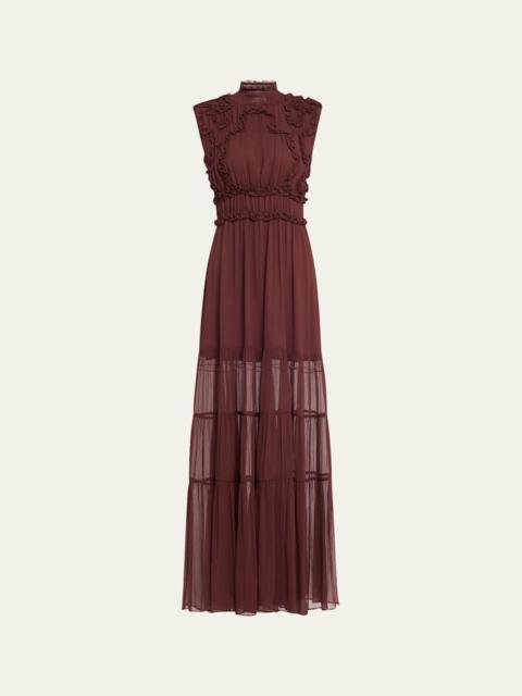 ULLA JOHNSON Verona Smocked Silk Turtleneck Gown