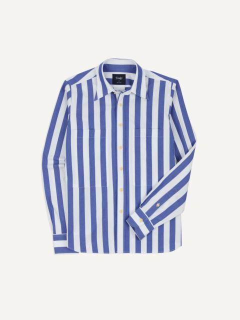 Drake's Blue and White Awning Stripe Cotton Long Point Collar Shirt