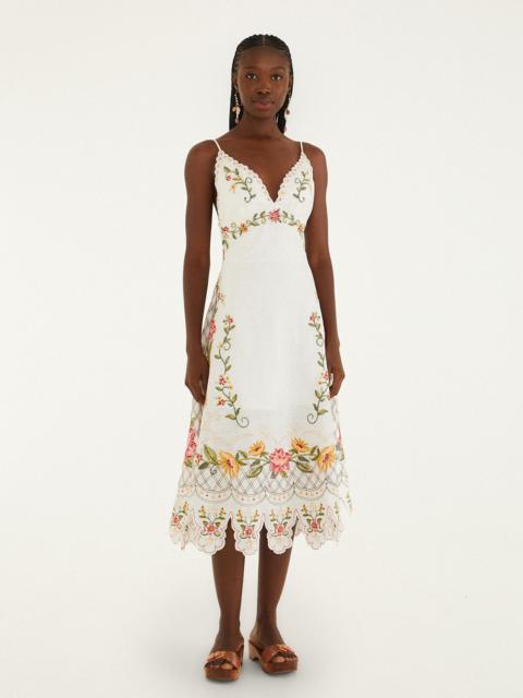 FARM RIO Off-White Flower Embroidery Asymetric Hem Midi Dress